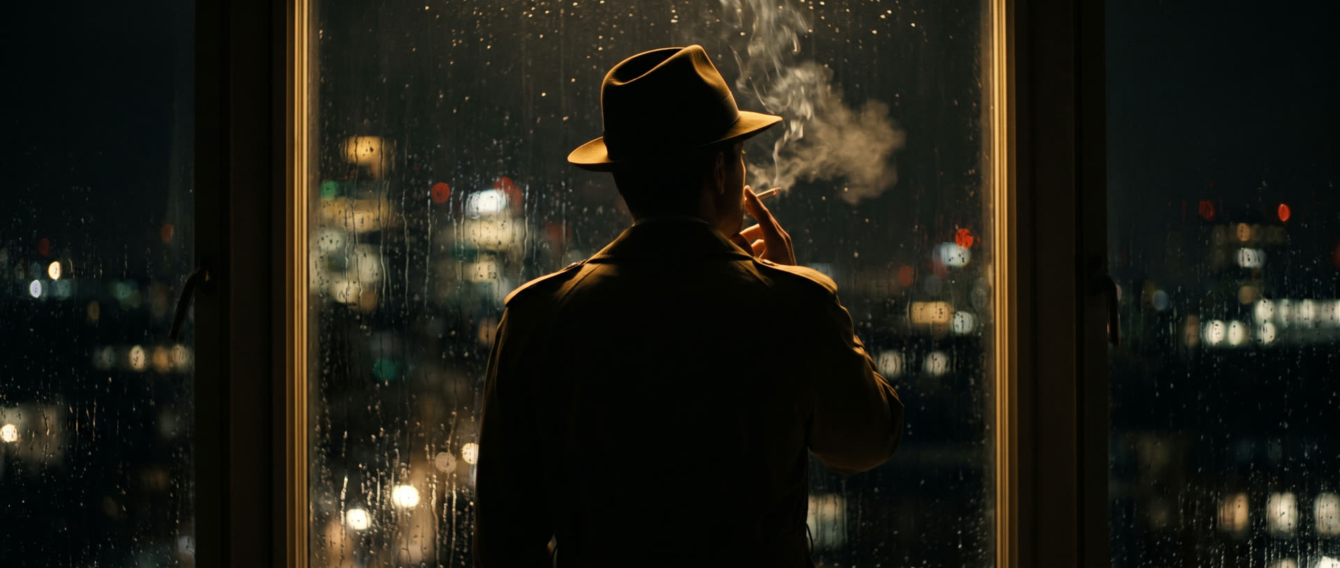 Kalapos alak sziluettje esőáztatta ablak mögött, film noir hangulatban